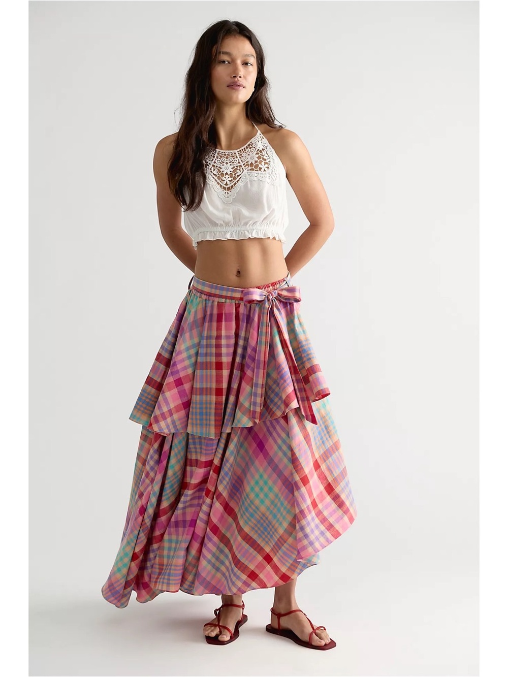 Free People Rujuta Sheth Circa Layered Ruffle Plaid Midi Maxi Skirt Large NWT